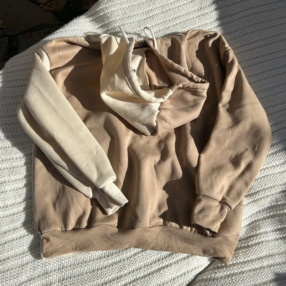 Two-Tone Tan & Cream Zip Up Hoodie, Size XS - Picture 2 of 3
